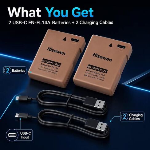 بطارية EN-EL14 مع مدخل USB-C، عبوتان بطارية EN-EL14A بقدرة 1500 مللي أمبير في الساعة لكاميرات Nikon D3100 D3200 D3300 D3400 D3500 D5100 D5200 D5300 D5500 D5600 DF Coolpix P7000 P7100 P7700 P7800 in Kuwait