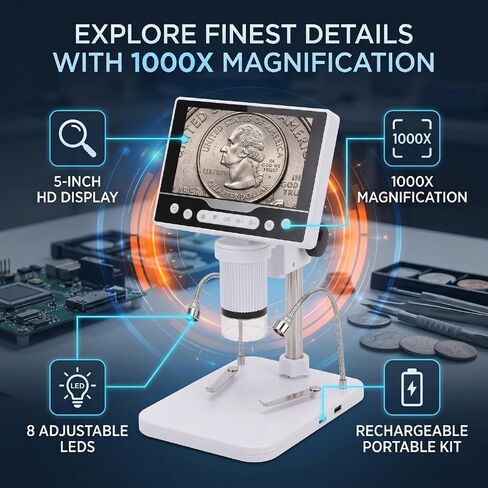 Diydeg Coinn Microscope, 1000X Digital Microscope with 8 Adjustable LED Lights and 5 Inch 1080P HD Screen, Rechargeable coinn Magnifier for Collectors, Jewelers and Students in Kuwait