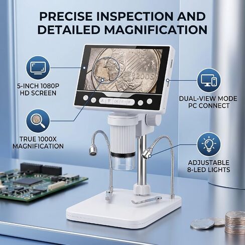 Diydeg Coinn Microscope, 1000X Digital Microscope with 8 Adjustable LED Lights and 5 Inch 1080P HD Screen, Rechargeable coinn Magnifier for Collectors, Jewelers and Students in Kuwait