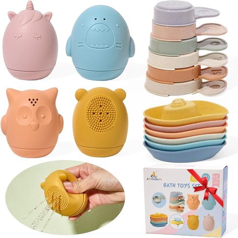 Baby Bath Toys 9PCS Mold Free Bath Toys for Babies 6-12 Months Bathtub Water Toys with Easy Clean Silicone Bath Toy for Kids Ages 1-3 Safe Bath Boats, Baby Shower Birthday Gifts for Babies & Infant in Saudi Arabia