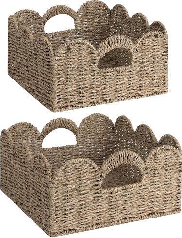 StorageWorks Scalloped Wicker Basket, Hand-woven Rattan Baskets with Built-in Handles, Seagrass Basket for Organizing and Decor, 2 Pack | Woven Baskets for Storage, Wicker Storage Baskets for Shelves, Large Wicker Basket, Shelf Basket with Handles, 2 Pack in Saudi Arabia