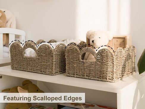 StorageWorks Scalloped Wicker Basket, Hand-woven Rattan Baskets with Built-in Handles, Seagrass Basket for Organizing and Decor, 2 Pack | Woven Baskets for Storage, Wicker Storage Baskets for Shelves, Large Wicker Basket, Shelf Basket with Handles, 2 Pack in Saudi Arabia