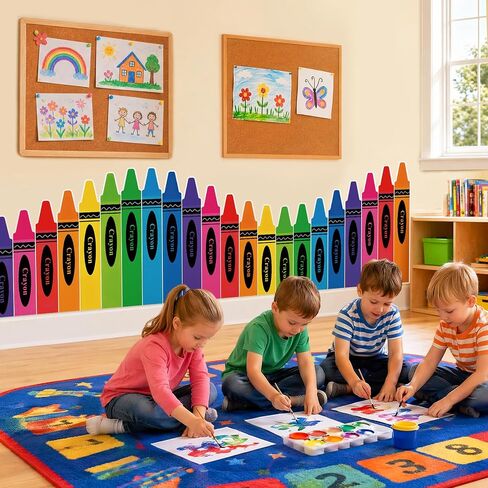 9.8 ft Rainbow Crayon Classroom Wall Decor Fabric Cuttable Fabric Backdrop for Preschool Kindergarten Graduation with Adhesive Dots Crayon Themed Decorations for Daycare, End of Year & Back to School in Saudi Arabia