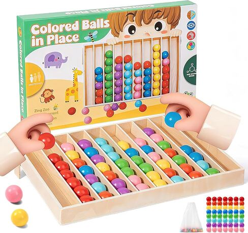 56 PCS Wooden Color Sorting Balls Toy with Storage Box | puzzle colorful ball sorting game, rainbow sensory color matching & return game for kids ages 3+ in Kuwait