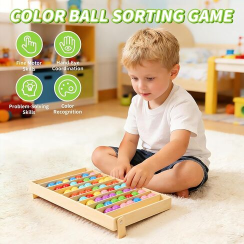 56 PCS Wooden Color Sorting Balls Toy with Storage Box | puzzle colorful ball sorting game, rainbow sensory color matching & return game for kids ages 3+ in Kuwait