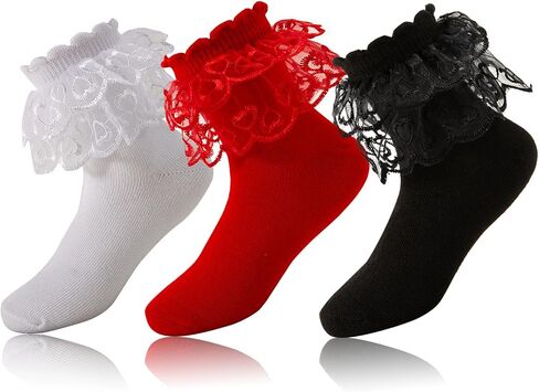 3 Pairs Toddler Girls Ruffle Socks,Cute Frilly Lace Cotton Black White Red School Dress Socks for Girl 1-10 Years in Saudi Arabia