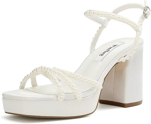 Platform Heels Bridal Shoes Pearl Wedding Shoes for Bride Block Heel Wedding Sandals in Saudi Arabia