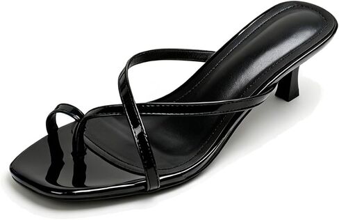 Women's Strappy Toe Ring Kitten Heels Sandals Square Toe Mule Slides | Shiny Patent Leather Open Toe 2in Low Heels Comfort Fit Crisscross Strappy Clip Toe Dress Sandals for Vacation Streetwear in Saudi Arabia