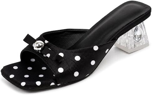 Women's Polka Dot Bow Clear Block Heel Sandals Square Open Toe Mules | Fashion Polka Dot Bow Slip On Chunky Heel Slide Sandals for Wedding Party Evening Summer Vacation in Saudi Arabia