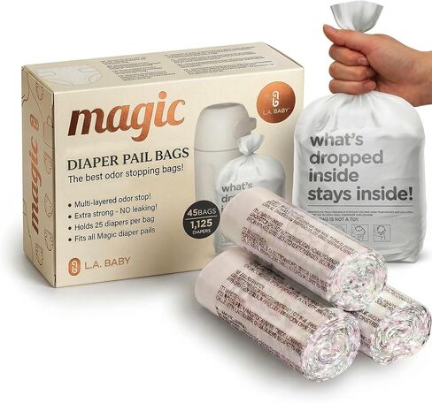 L.A. Baby Magic Diaper Bags - Diaper Pail Refill Bags 45 Count - Multi-Layer 100% Odor-Free Disposable Diaper Bag - Holds 1125 Diapers - Extra Strong No Leak in Saudi Arabia