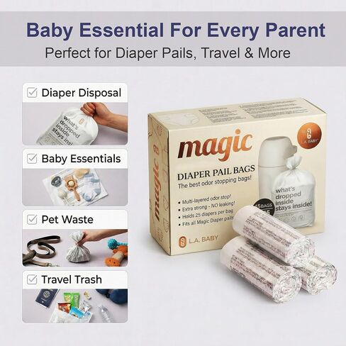 L.A. Baby Magic Diaper Bags - Diaper Pail Refill Bags 45 Count - Multi-Layer 100% Odor-Free Disposable Diaper Bag - Holds 1125 Diapers - Extra Strong No Leak in Saudi Arabia