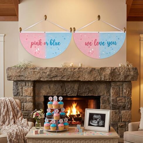 2 Pack Gender Reveal Flag, 3x1.5 FT Baby Shower Party Fan Decorations Gender Reveal Party Wall Decor, Photo Booth Props, Boy or Girl Announcement Party Supplies in Kuwait