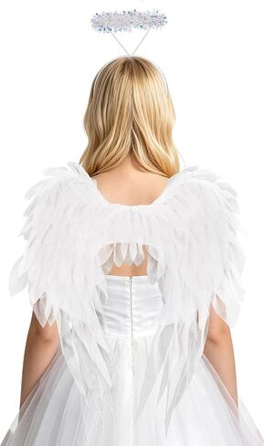 Naplings White Chiffon Adult Angel Wings and Halo Set 2.3FT – Lightweight Angel Wings with Adjustable Straps for Halloween, Cosplay, Parties, and Photo Shoots in Kuwait