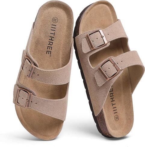 IIITHREE Cork Footbed Womens Sandals, Two Adjustable Strap with Bucklse Flat Slide Sandals, Arch Support Summer Sandals for Women in Saudi Arabia