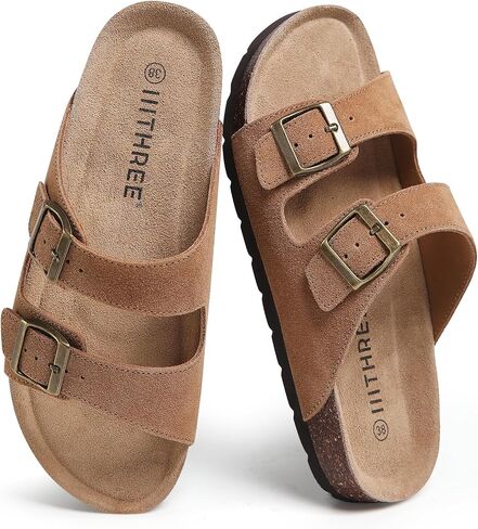 IIITHREE Cork Footbed Womens Sandals, Two Adjustable Strap with Bucklse Flat Slide Sandals, Arch Support Summer Sandals for Women in Saudi Arabia