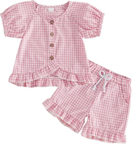 Toddler Kids Baby Girl Plaid Outfit Summer Short Sleeve Ruffle Button Tops Shorts Two Piece Gingham Clothes Set in Saudi Arabia