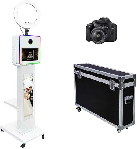 15.6inch Touch Screen DSLR Photo Booth Machine with 29inch LCD Display | with RGB Light and Ring Light ,Built in Mini PC ,Flight Case,for Birthday Party Events (White, Machine+Camera) in Kuwait