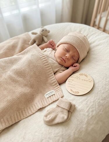 Newborn Baby Gift Set, Cotton Knit Blanket & Matching Beanie for Boys Girls | 100% Cotton Comfort | Boutique Gift Ready | Breathable Knit | 30x40 Inch Blanket | 0-6 Months Fit | Easy Care in Kuwait