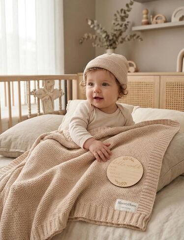 Newborn Baby Gift Set, Cotton Knit Blanket & Matching Beanie for Boys Girls | 100% Cotton Comfort | Boutique Gift Ready | Breathable Knit | 30x40 Inch Blanket | 0-6 Months Fit | Easy Care in Kuwait