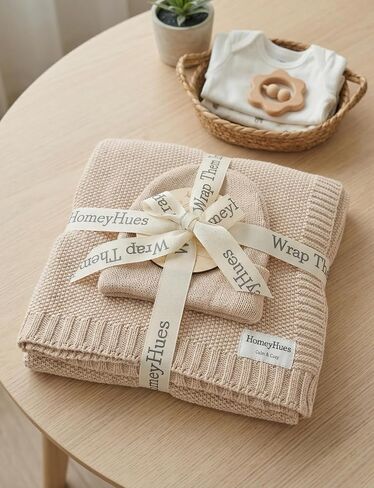 Newborn Baby Gift Set, Cotton Knit Blanket & Matching Beanie for Boys Girls | 100% Cotton Comfort | Boutique Gift Ready | Breathable Knit | 30x40 Inch Blanket | 0-6 Months Fit | Easy Care in Kuwait