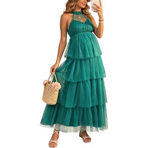 Halter Tulle Tiered Maternity Maxi Dress Baby Shower Dress | Sheer halter tulle maternity gown, tiered layers, empire waist all trimesters, baby shower, maternity shoot & wedding guest in Saudi Arabia