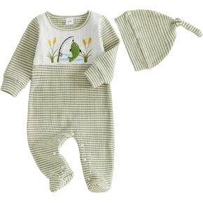 Bagilaanoe Newborn Baby Boy Footie Romper Jumpsuit Waffle Knit Outfit | Fish/Duck Embroidery, Footed One Piece Clothes for Baby Boys, Fall Clothes Infant Boy Long Sleeve Romper With Hat in Kuwait