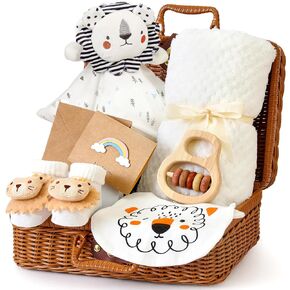 Baby Shower Gifts for Boys Girls Newborn Baby Gifts Basket with Lion Lovey/Blanket/Wooden Rattle/Socks/Bib/Suitcase, Gender Neutral New Born Essential Stuff Unisex Infant Gift Set for Baby Welcome Box in Kuwait