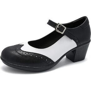 Women's Mary Jane Shoes (Merceditas Mujer), Block Heel Pumps with Oxford Brogue Detail, Vintage Wingtip Comfortable Faux Leather Dress Heels for Work & Business Casual in Kuwait