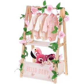 Double Layered Wooden Baby Shower Crate Closet Baby Storage Crate Hamper with Letters Garland and 10 Clothes Hangers Foldable Nursery Storage Crate for Girl Boy Pregnancy Gift in Saudi Arabia