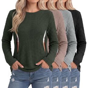 Locoowai 4 Pack Women's Nursing Waffle Tops | Breastfeeding Shirts for Women, with Zipper, Crew Neck, Soft, Maternity, Daily Wear, Postpartum, Layering Tee, Fall, Casual in Kuwait