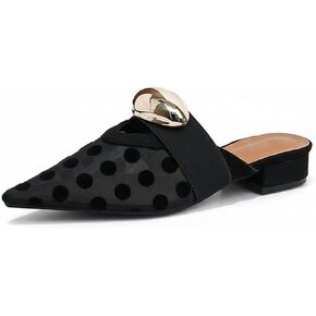 Women's Mesh Gold Buckle Block Heel Mules Stylish Closed Pointed Toe Slip On Backless Low Heel Slides Daily Office Wedding Party Mule Flats in Kuwait