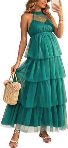 Halter Tulle Tiered Maternity Maxi Dress Baby Shower Dress | Sheer halter tulle maternity gown, tiered layers, empire waist all trimesters, baby shower, maternity shoot & wedding guest in Kuwait