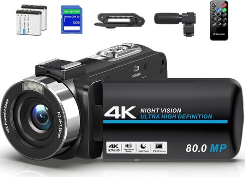 Camcorder Video Camera 4K 80MP for Vlogging YouTube Webcam | 18X Digital Zoom,IR Night Vision,3.0" IPS Screen,Video Recorder Remote Control,32GB SD Card,Handheld Stabilizer,Microphone in Kuwait