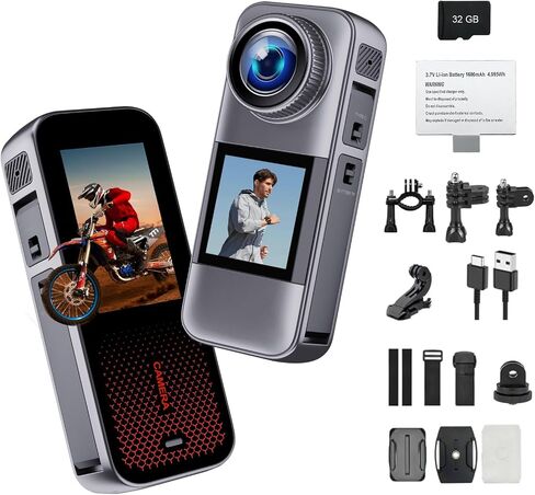 Action Camera with Dual Color Screen,Body Waterproof Camera Suitable for Travel Motorcycle Helmet Cameras, Equipped with 32GB Card, 2 Batteries, and Various Installation Kits in Kuwait