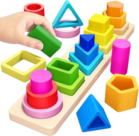 PEBIRA Montessori Toys for 1 2 3 Year Old Boys Girls Toddlers, Heightened Peg-Free Wooden Stacking Toys, Shape Sorter Learning Toy, Birthday Gift for Baby Kid Age 1-4 Preschool Toy, Various Game Play | Heightened Sorting Stacking Toys, Birthday Gift for B in Kuwait
