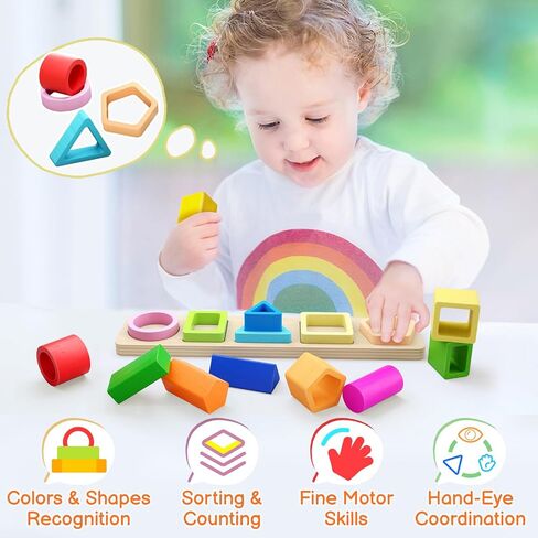 PEBIRA Montessori Toys for 1 2 3 Year Old Boys Girls Toddlers, Heightened Peg-Free Wooden Stacking Toys, Shape Sorter Learning Toy, Birthday Gift for Baby Kid Age 1-4 Preschool Toy, Various Game Play | Heightened Sorting Stacking Toys, Birthday Gift for B in Kuwait