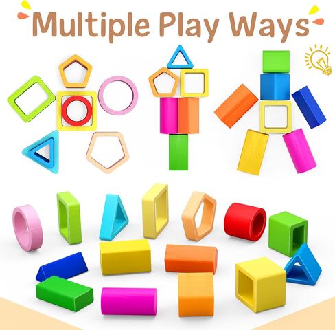PEBIRA Montessori Toys for 1 2 3 Year Old Boys Girls Toddlers, Heightened Peg-Free Wooden Stacking Toys, Shape Sorter Learning Toy, Birthday Gift for Baby Kid Age 1-4 Preschool Toy, Various Game Play | Heightened Sorting Stacking Toys, Birthday Gift for B in Kuwait