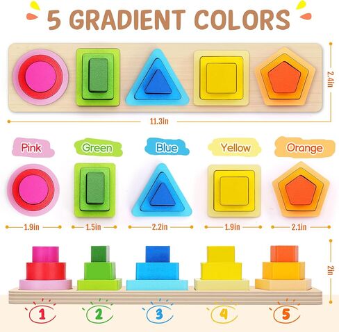 PEBIRA Montessori Toys for 1 2 3 Year Old Boys Girls Toddlers, Heightened Peg-Free Wooden Stacking Toys, Shape Sorter Learning Toy, Birthday Gift for Baby Kid Age 1-4 Preschool Toy, Various Game Play | Heightened Sorting Stacking Toys, Birthday Gift for B in Kuwait