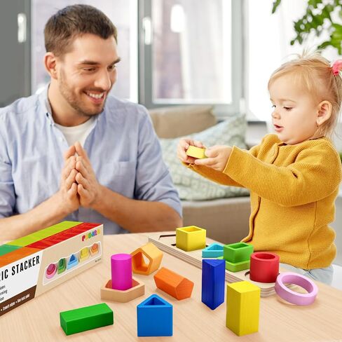 PEBIRA Montessori Toys for 1 2 3 Year Old Boys Girls Toddlers, Heightened Peg-Free Wooden Stacking Toys, Shape Sorter Learning Toy, Birthday Gift for Baby Kid Age 1-4 Preschool Toy, Various Game Play | Heightened Sorting Stacking Toys, Birthday Gift for B in Kuwait