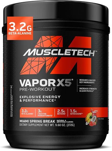 MuscleTech Pre-Workout Powder, Vapor X5 - Blue Razz Freeze, 266g | Sports Nutrition Muscle Building Supplements for Women & Men - Intense Muscle Pump Energy Powder Drink Mix (30 Servings) in Kuwait