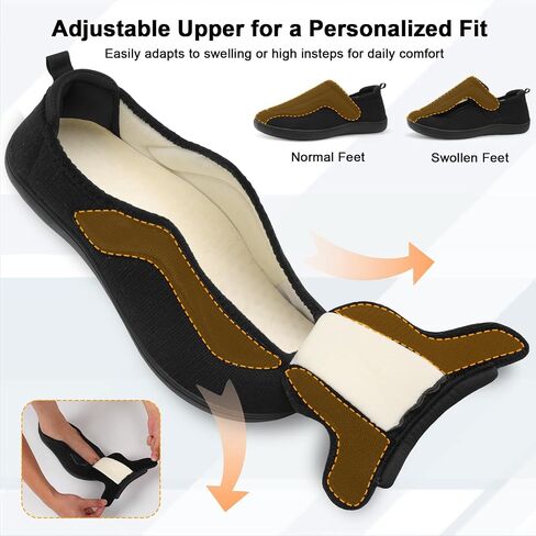 JOINFREE Women Men House Slippers Indoor Slip On Wide Fit Diabetic Shoes Adjustable, Non-Slip Cozy Comfort Home Slippers Shoes for Swollen Feet, Edema, Elderly, Preganant Black Size 10 in Saudi Arabia