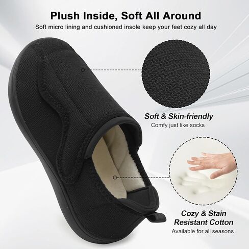 JOINFREE Women Men House Slippers Indoor Slip On Wide Fit Diabetic Shoes Adjustable, Non-Slip Cozy Comfort Home Slippers Shoes for Swollen Feet, Edema, Elderly, Preganant Black Size 10 in Saudi Arabia