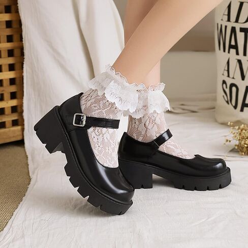 Caradise Black Chunky Mary Jane Platform Shoes Goth Shoes Round Toe Ankle Strap Pumps Uniform Dress Shoes Size 6 B(M) US in Kuwait