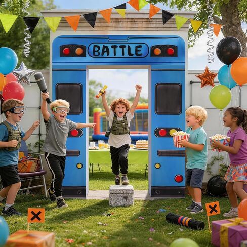 Blue Bus Birthday Banner, Bus Backdrop for Birthday Decorations | Blue Bus Themed Backdrop for Birthday Party Decorations, Photo Booth Props, Door and Wall Decorations in Saudi Arabia
