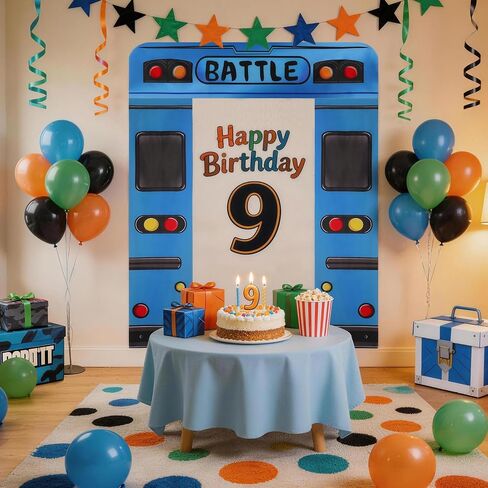 Blue Bus Birthday Banner, Bus Backdrop for Birthday Decorations | Blue Bus Themed Backdrop for Birthday Party Decorations, Photo Booth Props, Door and Wall Decorations in Saudi Arabia