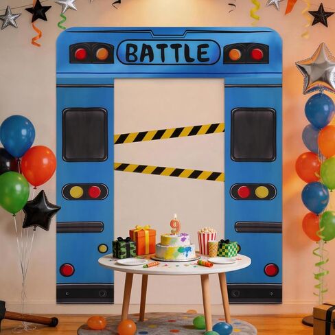 Blue Bus Birthday Banner, Bus Backdrop for Birthday Decorations | Blue Bus Themed Backdrop for Birthday Party Decorations, Photo Booth Props, Door and Wall Decorations in Saudi Arabia