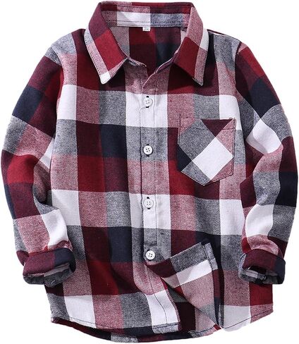 Boys Cotton Plaid Long Sleeve Shirt Button Down Everyday Top | Chest Patch Pocket,Pointed Collar,Regular Comfort Fit,School Playdate Everyday Top in Saudi Arabia