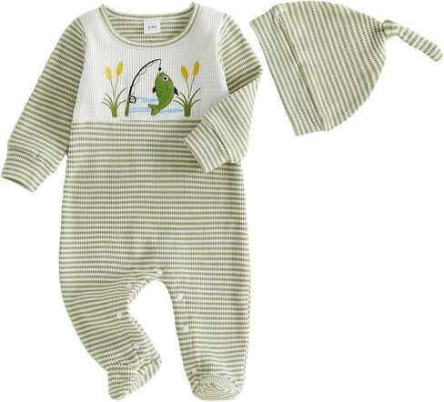 Bagilaanoe Newborn Baby Boy Footie Romper Jumpsuit Waffle Knit Outfit | Fish/Duck Embroidery, Footed One Piece Clothes for Baby Boys, Fall Clothes Infant Boy Long Sleeve Romper With Hat in Kuwait