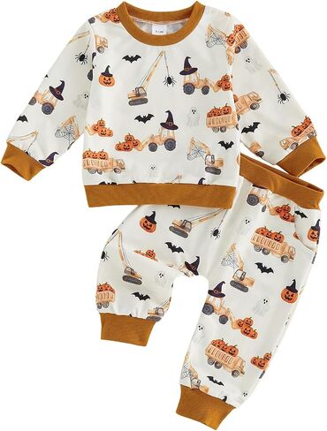 Toddler Baby Boy Halloween Construction Pumpkin Outfit 6M-4Y | Halloween Clothes, Excavator Long Sleeve Sweatshirt Pants Set, Fall Festival Photo Outfit, Trick or Treat, First Birthday in Saudi Arabia