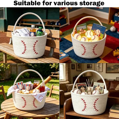 Baseball Cotton Rope Storage Basket with Handles, Small Woven Organizer Bin for Kids Toys, Nursery, Sports Gifts, Room Decor in Saudi Arabia